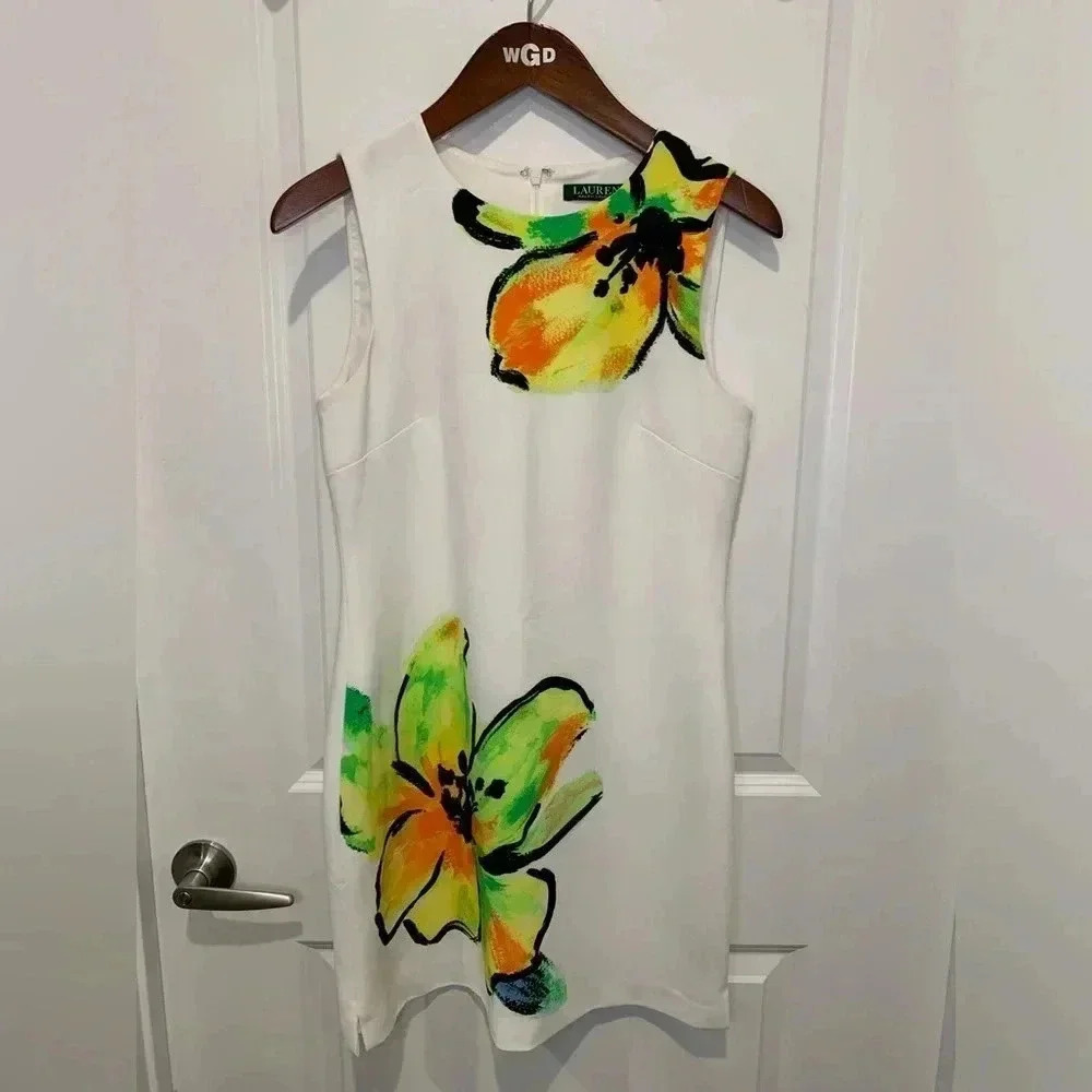 Ralph Lauren White Sleeveless Floral Shift Dress